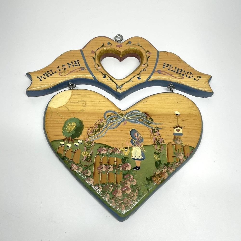 Vintage Heart Shaped Wood Folk Art Welcome Sign Handmade Country Cottage Grandma